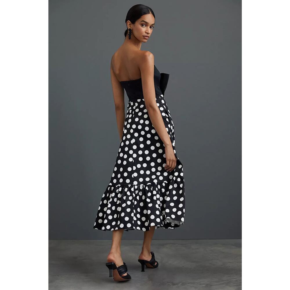 Anthropologie Black and White Polka Dot Strapless Midi Dress with Bow - Picture 3 of 3